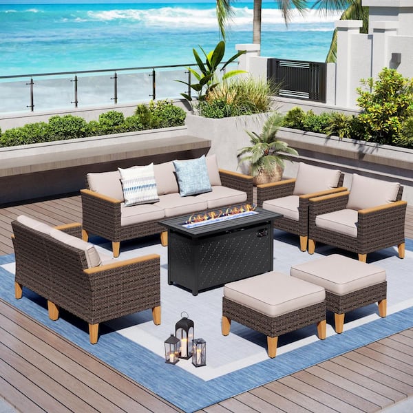 PHI VILLA Brown Wicker Rattan 9 Seat 10-Piece Steel Outdoor Patio Conversation Set with Beige Cushions, Rectangular Fire Pit Table