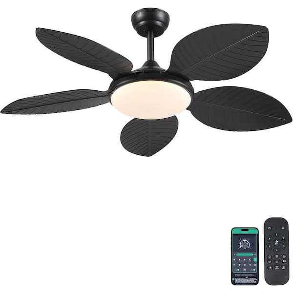 48 in. Indoor/Outdoor Black Retro 5 Palm Leaf Shaped Blades Ceiling Fan with Dimmable LED Light and Remote/APP Control