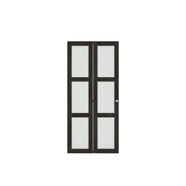 36 in x 80 in, Gray Brown, MDF & Water-Proof PVC Covering, Three Frosted Glass Panel Bi-Fold Interior Door for Closet
