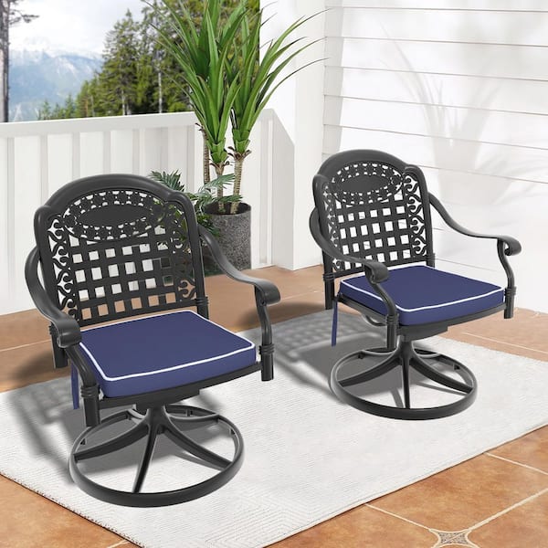 2-Piece Cast Aluminum Patio Swivel Chair With Black Frame and Cushions in Random Colors