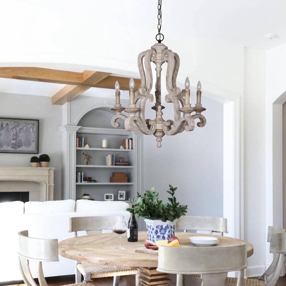 Distressed White 5-Light Wood Candle Chandelier