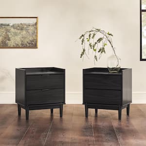 2-Drawer Black Solid Wood Mid-Century Modern Tray-Top Nightstand, (Set of 2)