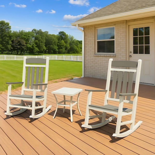 3-Piece White and Gray HDPE Outdoor Rocking Chair Set with Side Table