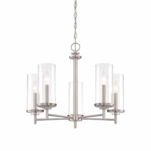 5-Light Brushed Nickel Chandelier with Etched Glass Shades For Dining Rooms