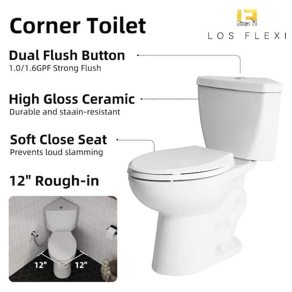 Corner Toilet 17.7 in. ADA Compact Toilet 2-Piece White Elongated Soft Close Seat 1.0/1.6 GPF Dual Flush 12 in. Rough-in