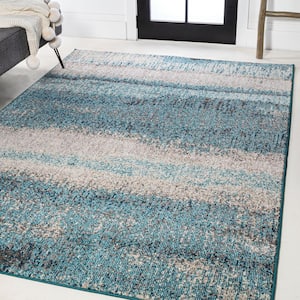 Contemporary Pop Modern Abstract Vintage Cream/Turquoise 3 ft. x 5 ft. Area Rug