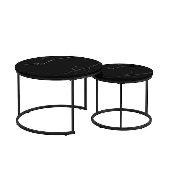 Angel Sar 2-Piece Black Round Wood Nesting Outdoor Coffee Table with Sturdy Metal Frame for Living Room, Balcony and Yard