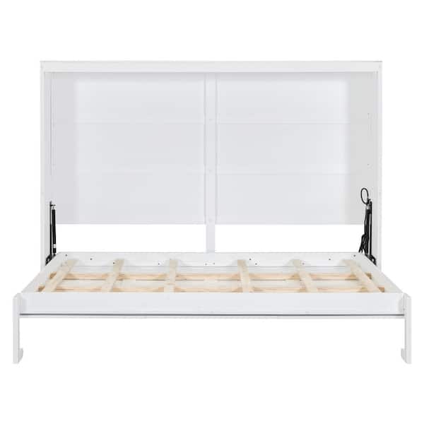 White Wood Frame Full Size Murphy Bed with Rattan Design