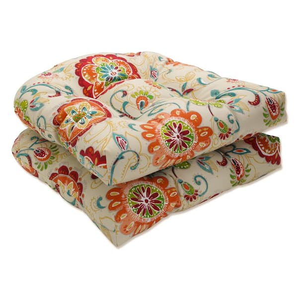 Pillow Perfect Floral 19 x 19 Outdoor Dining Chair Cushion in Multicolored/Tan (Set of 2)