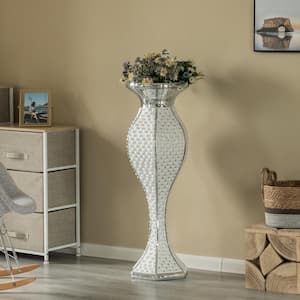 40 in. White Trumpet Floor Flower Vase with Silver Studs and White Pearl Design for Living Room, Entryway or Dining Room