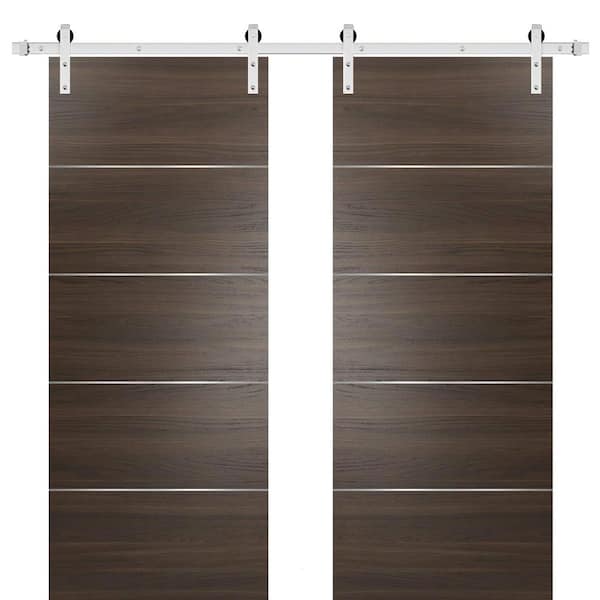 Assemble Required 0020 60 in. x 80 in. Flush Brown Finished Wood Barn Door Slab with Hardware Kit Stailess