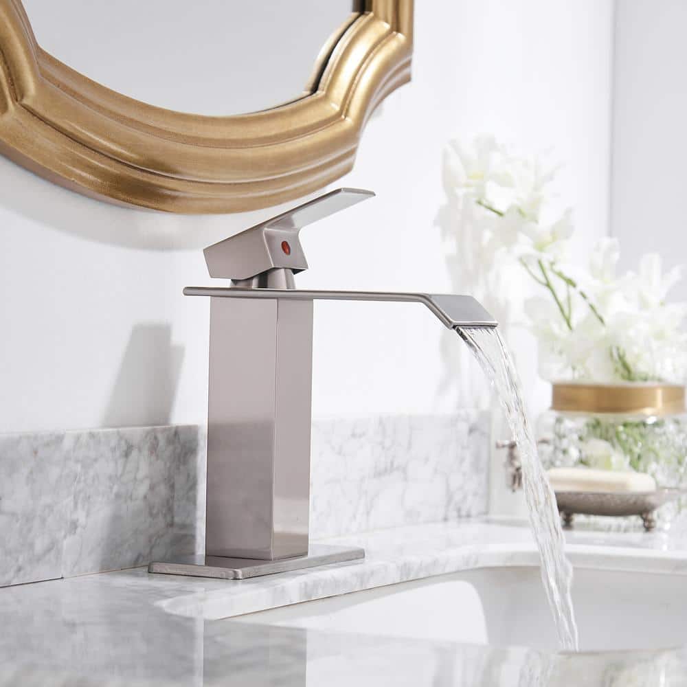 Brushed Nickel Single Handle Waterfall Bathroom Faucet with Pop Up Drain