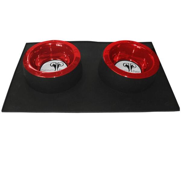 Platinum Pets Black Heavy Duty Silicone Feeding Mat with Two 4 Cup Wide Rimmed Bowls in Red-DISCONTINUED