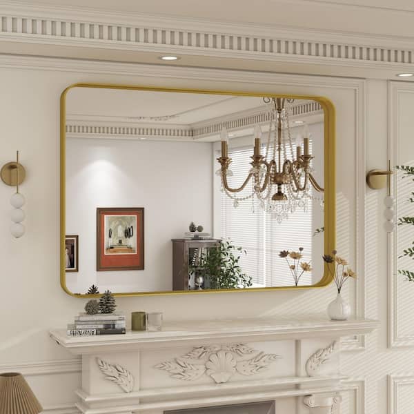 Gold 30 in. W x 40 in. H Rectangular Rounded Corners Aluminum Alloy Deep Framed Mirror Wall Mirror