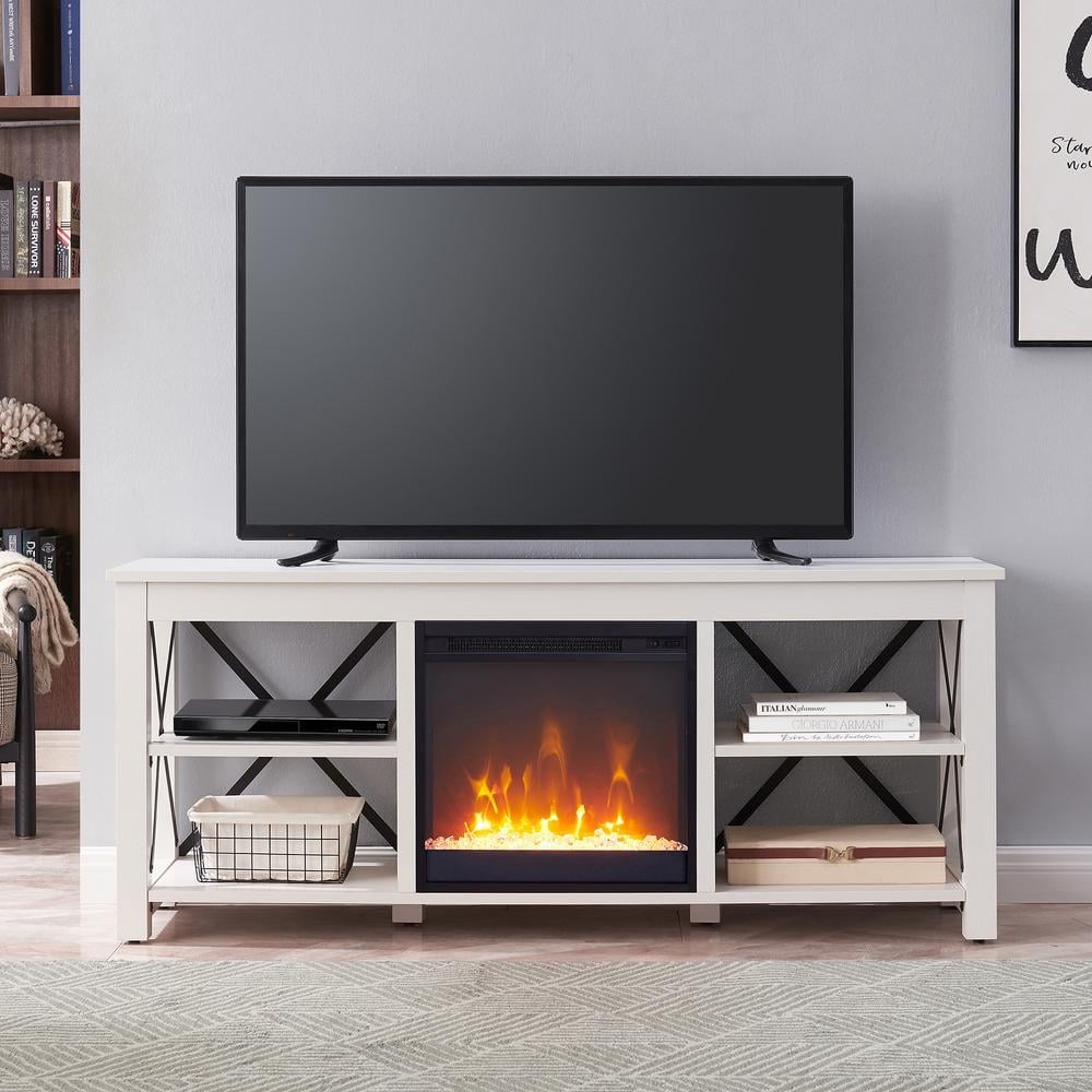 White Rectangular TV Stand with Crystal Fireplace Insert