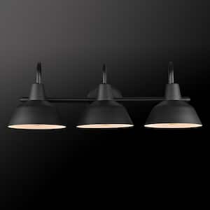 Barnyard 24 in. 3-Light Matte Black Vanity Light with White Interior Shades