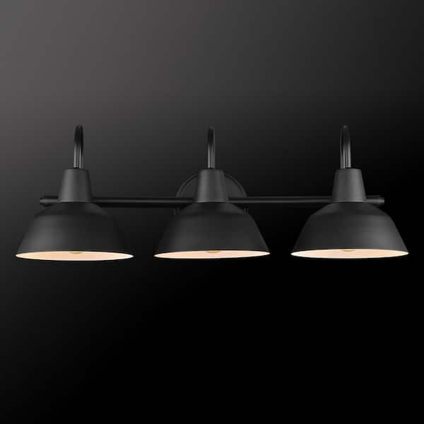 Barnyard 24 in. 3-Light Matte Black Vanity Light with White Interior Shades