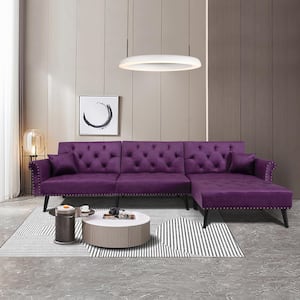 115 in. W 2-Piece Velvet Convertible Sofa Bed Sleeper in Purple