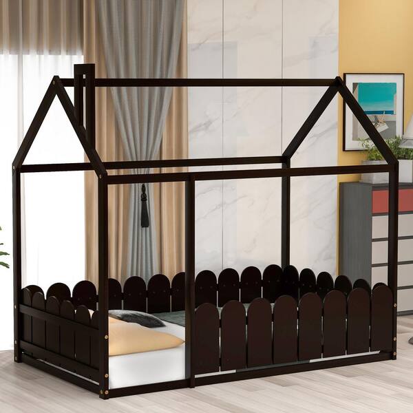 Wood Bed House Frame With Fence, Twin Size House Bed Frame Diy