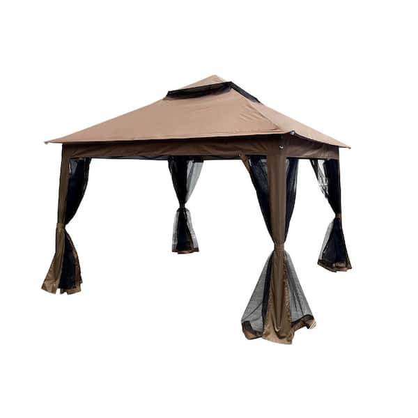 Otryad 11 ft. x 11 ft. Brown Pop Up Double Top Gazebo Canopy With Removable Mesh Zipper Sidewalls and Carrying Bag