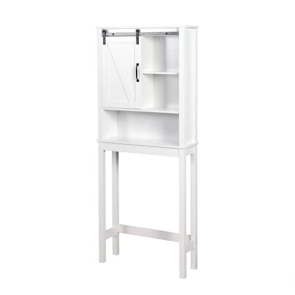 FORCLOVER 27 in. W x 67 in. H x 9 in. D White Wood Modern Over-the-Toilet Storage in White with Adjustable Shelves and Barn Door
