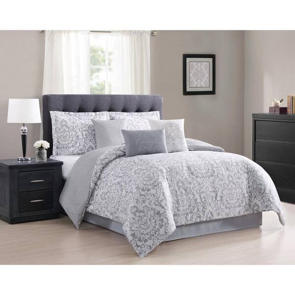 Carmela Home Boutique Damask 7-Piece Grey Reversible Queen Comforter Set