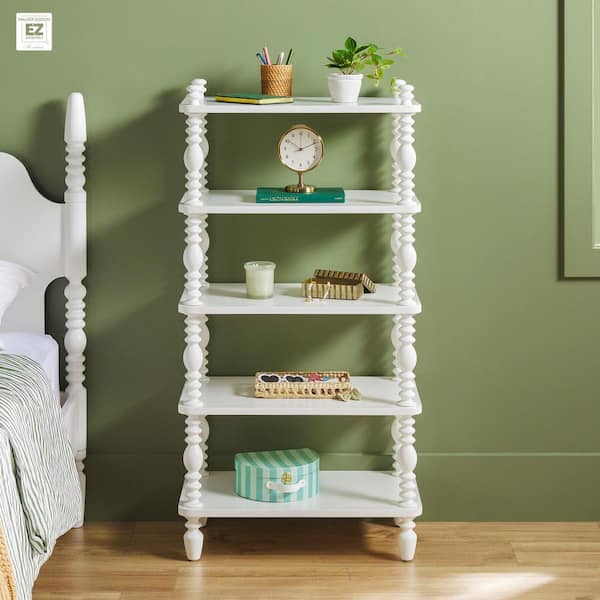 Walker Edison Furniture Company Modern Farmhouse Easy Assembly 25 in. Wide White 5-Shelf Solid Wood Bookcase with Open Storage and Spindle Detailing