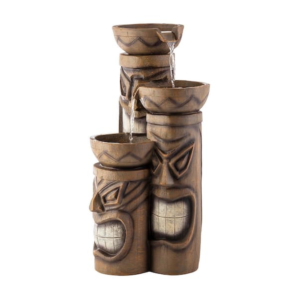 Alpine Corporation 29 in. Tall Outdoor 3-Tier Polynesian Tiki Head Water Fountain, Brown