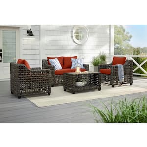 Briar Ridge 4-Piece Brown Wicker Outdoor Patio Conversation Deep Seating Set with CushionGuard Quarry Red Cushions