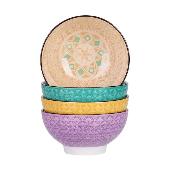 vancasso Tulip 20 fl.oz Assorted Colors Porcelain Cereal Bowl Patterned Japanese Style Rice Bowl Ramen Bowl (Set of 4)