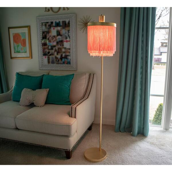 Gold Floor Lamp With Fringe Shade, Gold Floor Lamp Green Shade