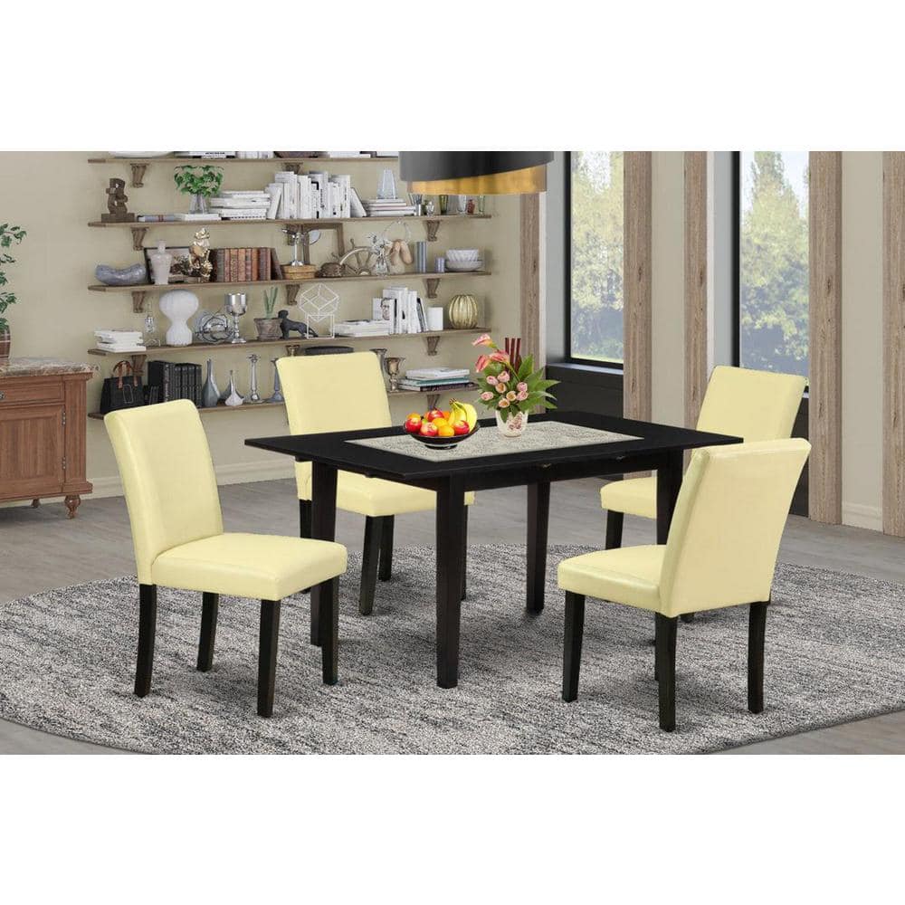 5-Piece Black Finish Solid Wood Top-Rectangular Upholstered Dining Room Set with Butterfly Leaf-Seats 4