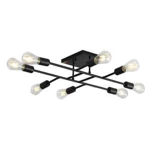 Modern 28 in. 8-Light Black Sputnik Linear Semi-Flush Mount Ceiling Lighting Fixture