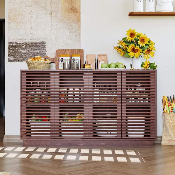 FUFU&GAGA Classic Walnut 31.5 in. H Storage Cabinet, Sideboard, Bookcase with 4 Shelves, 4 Slat Doors and Moisture-Proof Base