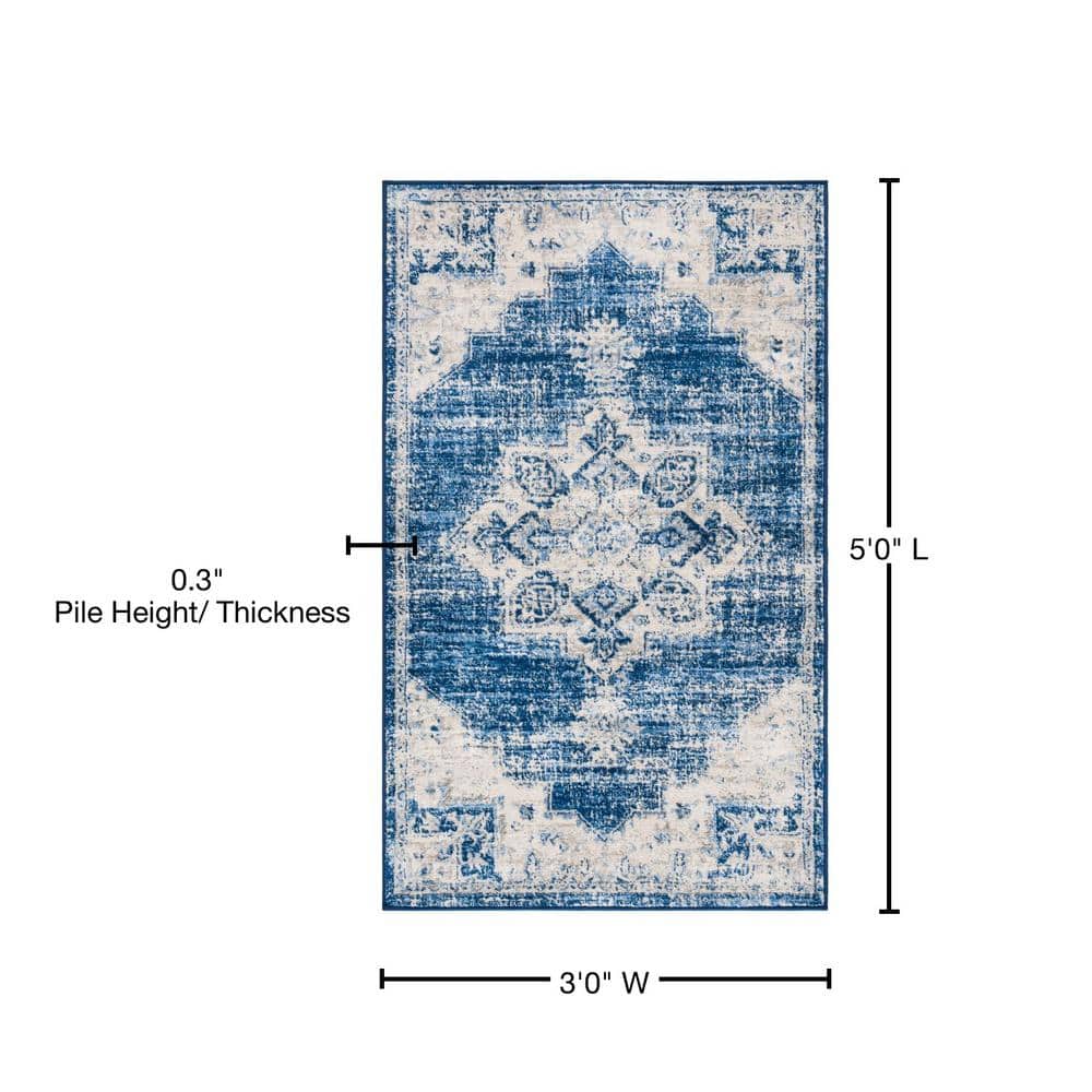 Ivory and Navy Synthetic Hand-knotted Rectangular Area Rug