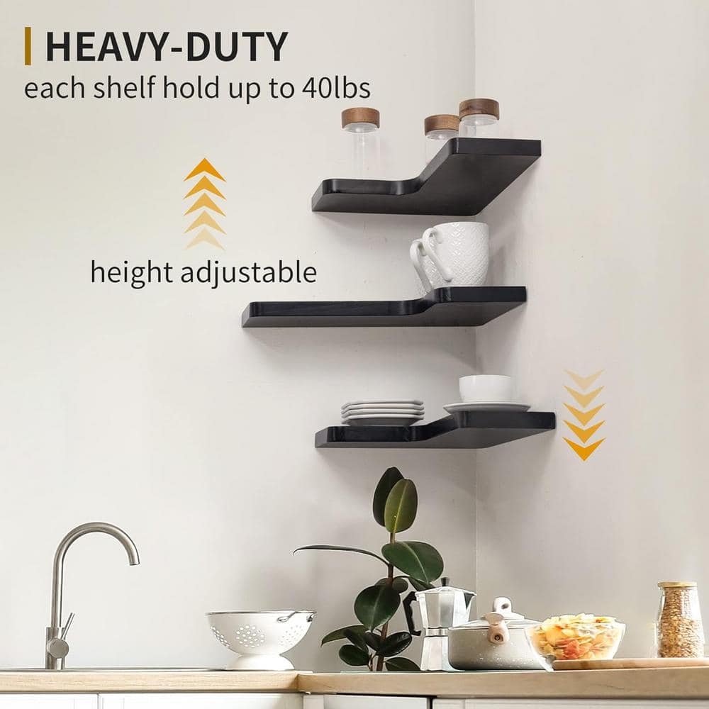 Black Wood 3-Tier Corner Floating Wall Shelves