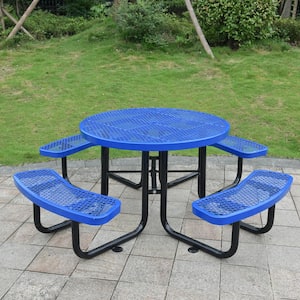 46 in. Blue Round Outdoor Steel Picnic Table with Seat and Umbrella Pole