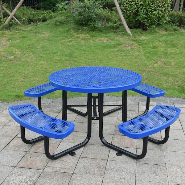 Cesicia 46 in. Blue Round Outdoor Steel Picnic Table with Seat and Umbrella Pole