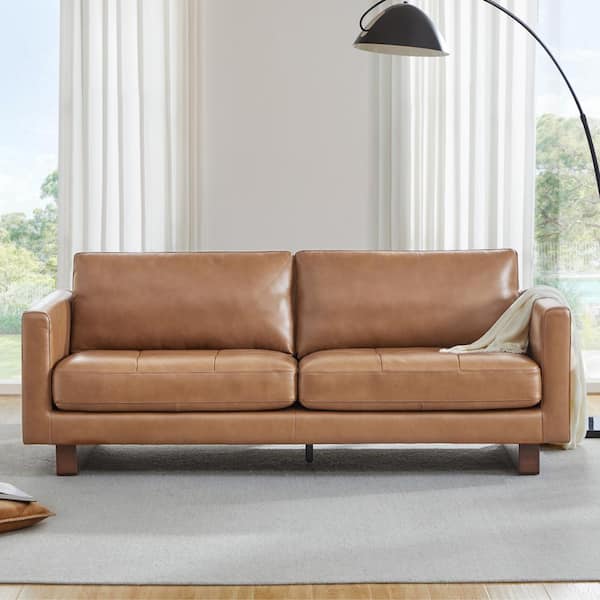 Spruce & Spring Zenobia 83.5" Mid-Century Modern Saddle Brown Top Grain Genuine Leather Sofa with Solid Wood Frame