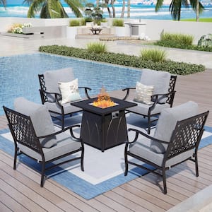 Black Meshed 4 Seat 5-Piece Metal Steel Outdoor Patio Conversation Set with Gray Cushions, Square Fire Pit Table