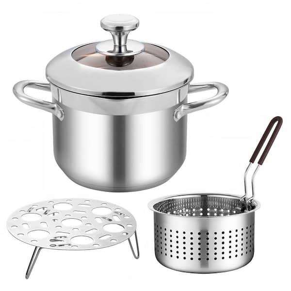 4.2 qt. Stainless Steel Stock Pot in Silver with Basket and Lid Multi-Function Deep Fryer for Kitchen Camping