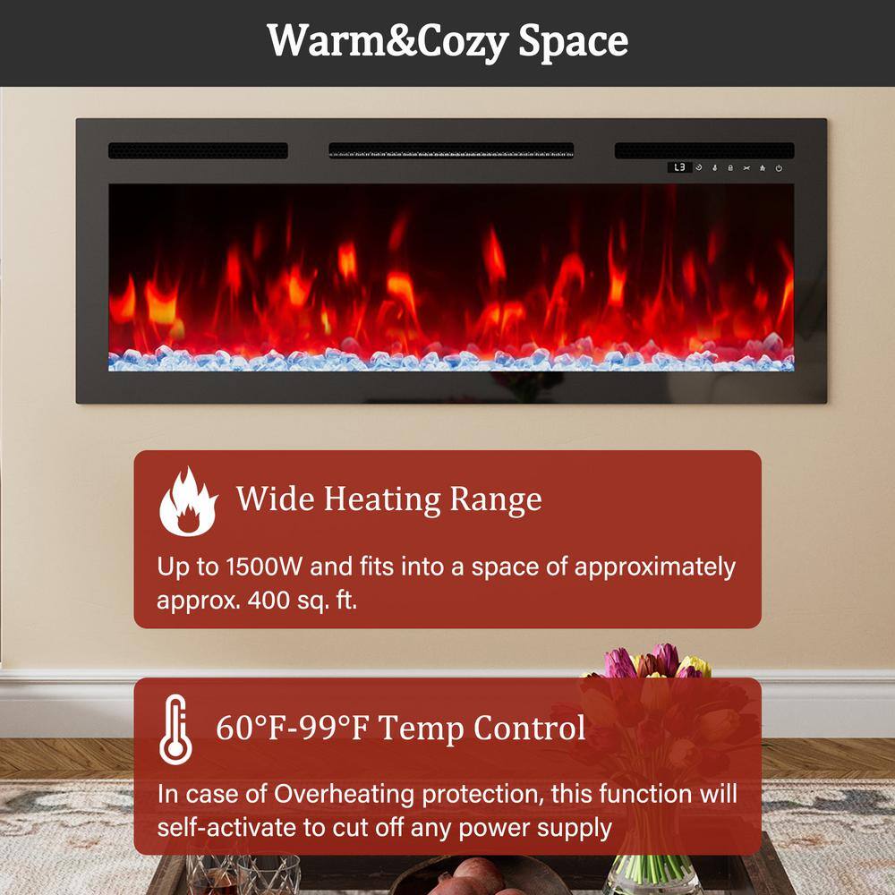 36" Black Glass Wall-Mount Electric Fireplace with Remote Control