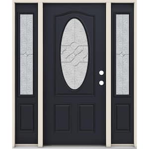 36 in. x 80 in. Left Hand 3/4 Oval Brevard Decorative Glass Black Steel Prehung Front Door w/Sidelites
