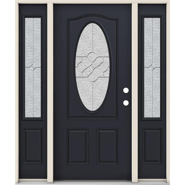 JELD-WEN 36 in. x 80 in. Left Hand 3/4 Oval Brevard Decorative Glass Black Steel Prehung Front Door w/Sidelites