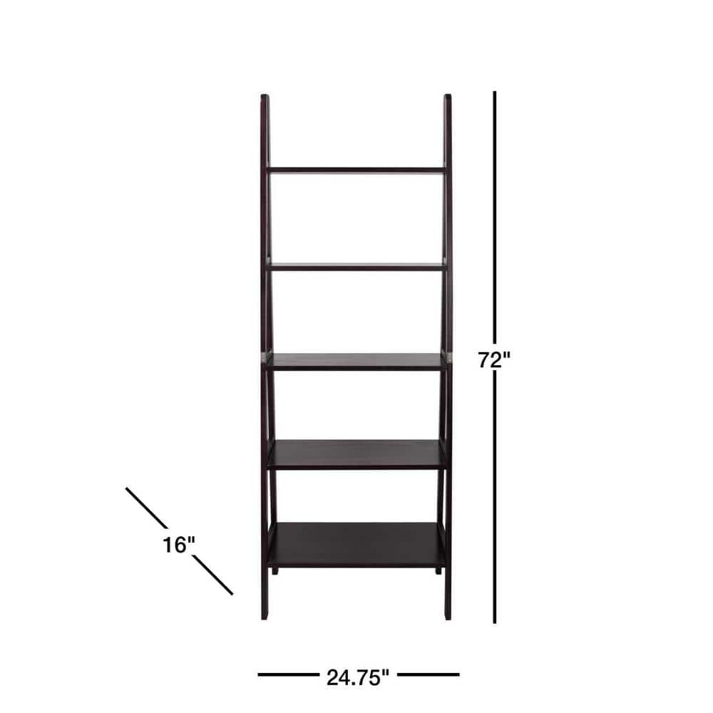 Espresso Solid Wood Adjustable 5-Shelf Ladder Bookcase