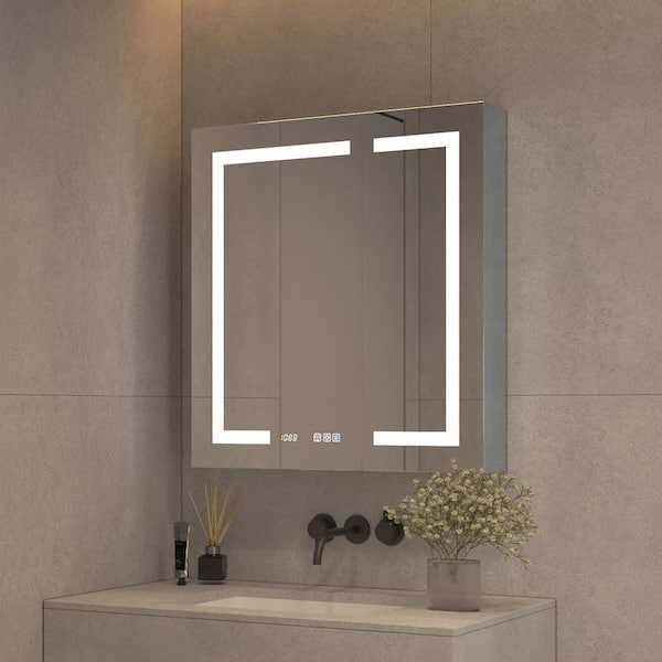 WELLFOR 30 in. W x 32 in. H Rectangular Silver Aluminum Recessed/Surface Mount Medicine Cabinet with Mirror LED and Clock