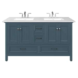 Britney 60 in. Double Sink Ash Blue Bath Vanity with White Carrara Quartz Top (Assembled)