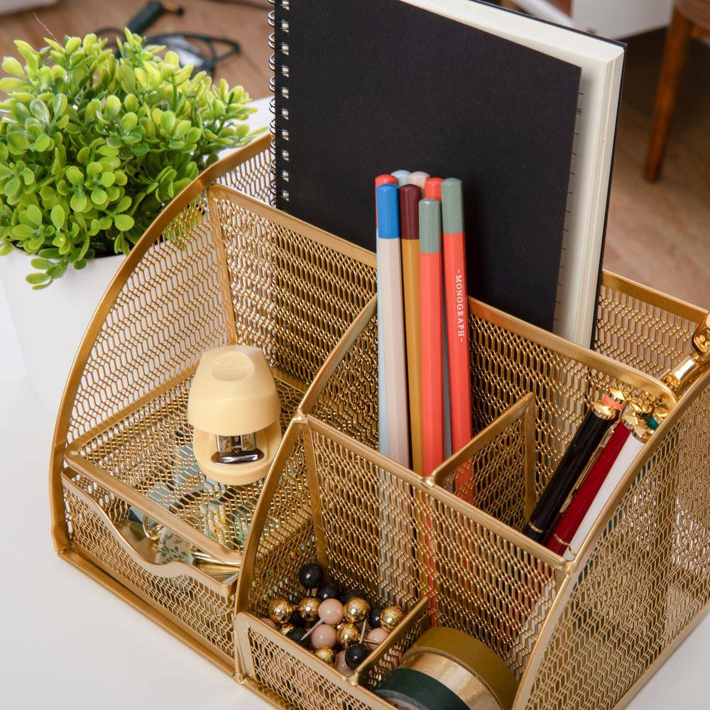 Gold Mesh Metal Small Desktop Organizer with Drawer