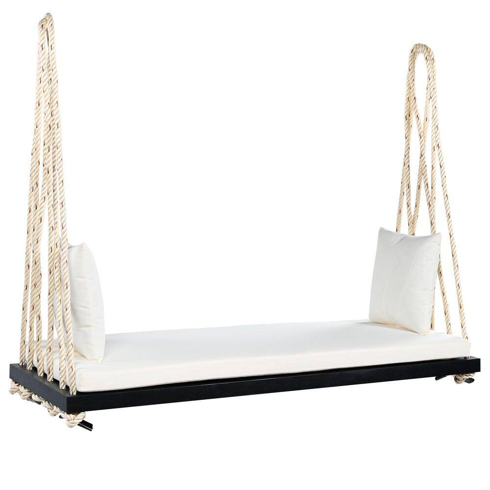 2-Person Wood Porch Swing Bench with Beige Cushions and 10.8 ft. Hemp Ropes for Garden price history on PriceWatchPro