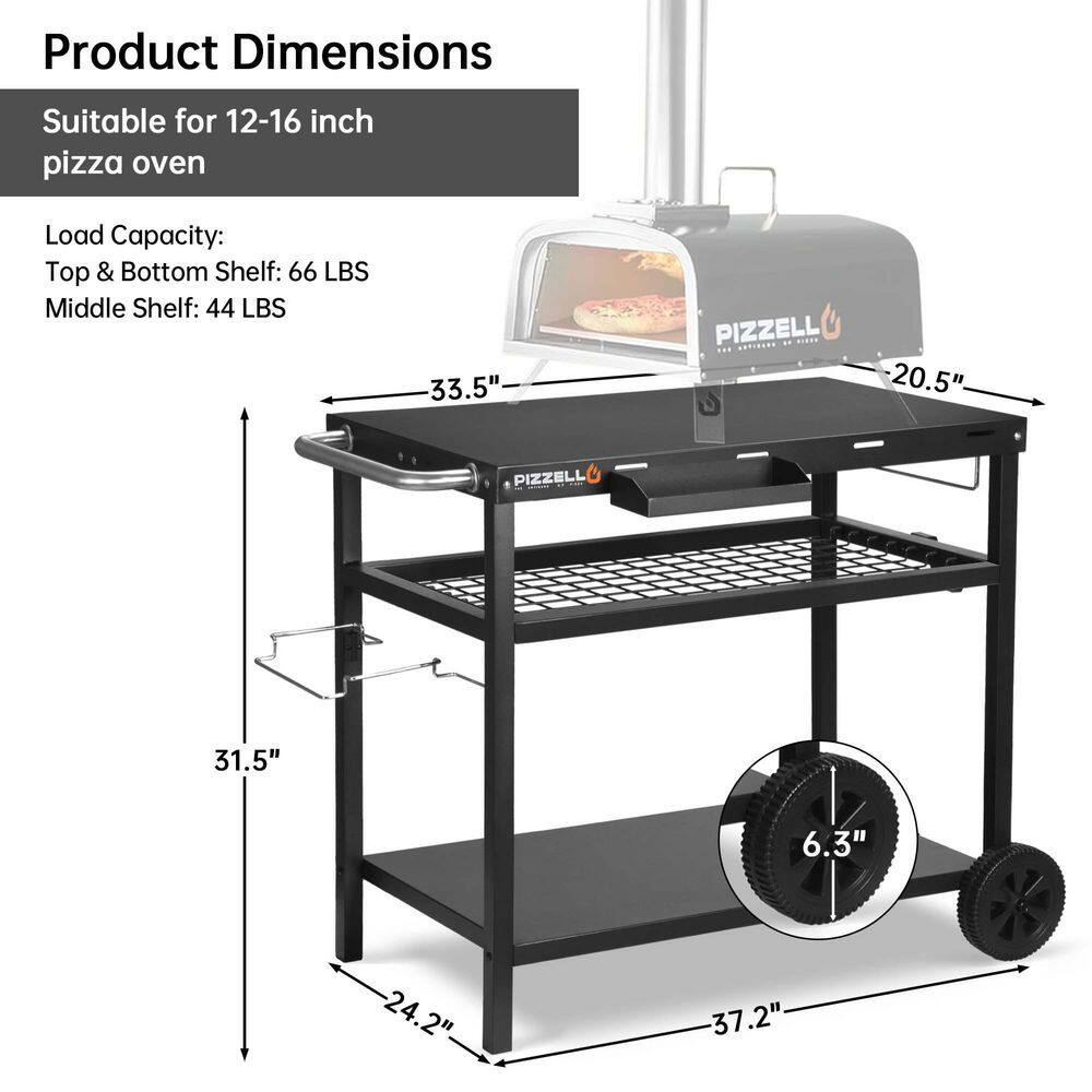 Black Steel Three-Shelf Outdoor Grill Cart with Wheels